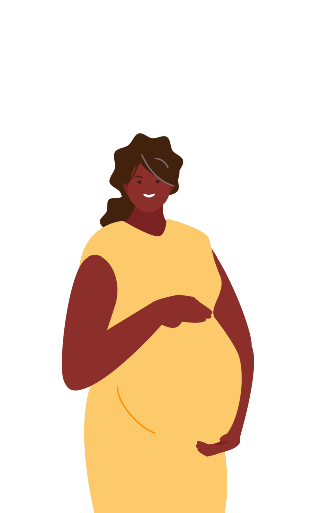 Illustration einer schwangeren Person in einem gelben Kleid, die lächelnd ihren Bauch hält.