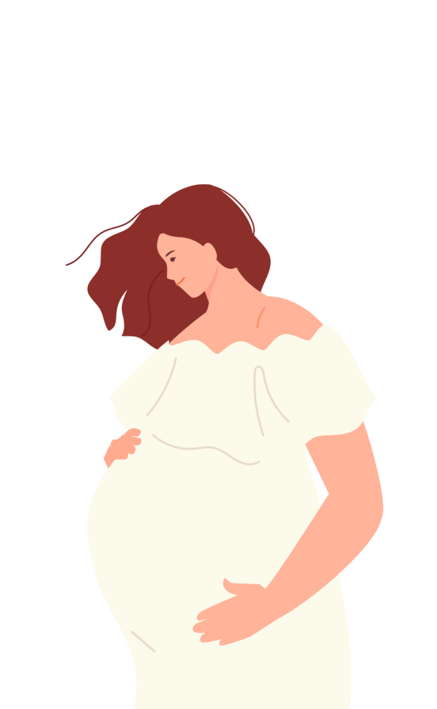 Illustration einer schwangeren Person in einem weißem Kleid, die lächelnd ihren Bauch hält.