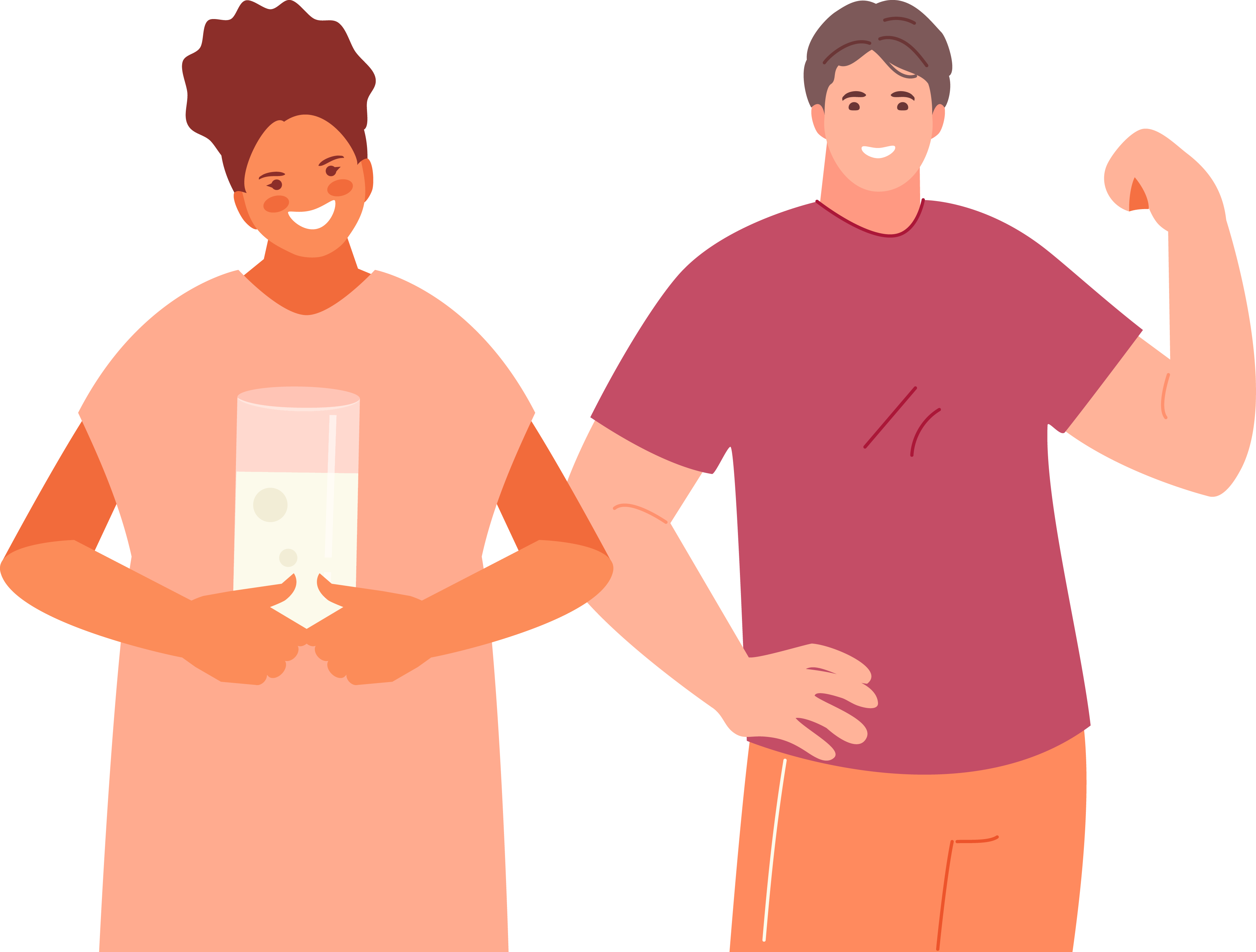 Illustrationen von zwei Personen, links ist eine Frau die ein Glas Milch in der Hand hält und rechts ein Mann im pinken Tshirt. Beide lächeln.