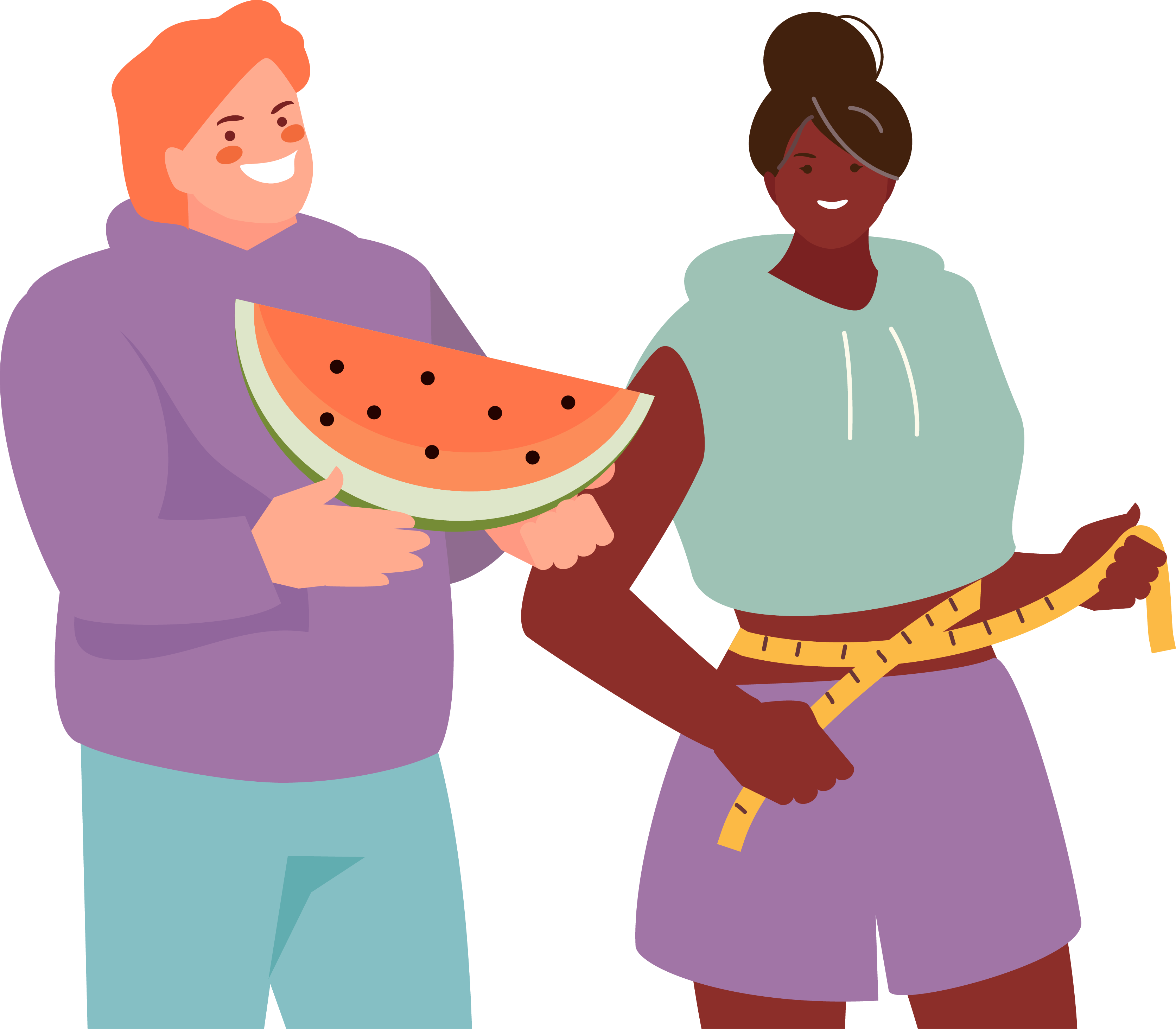 Illustrationen von zwei Personen. Links ist eine lächelnde Person in lila Pullover, die ein großes Stück Wassermelone in den Händen hält. Rechts eine lächelnde Person in sportlicher Kleidung, die ein Maßband um ihre Taille hält.