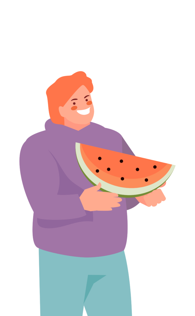 Illustration einer lächelnden Person in lila Pullover, die ein großes Stück Wassermelone in den Händen hält.